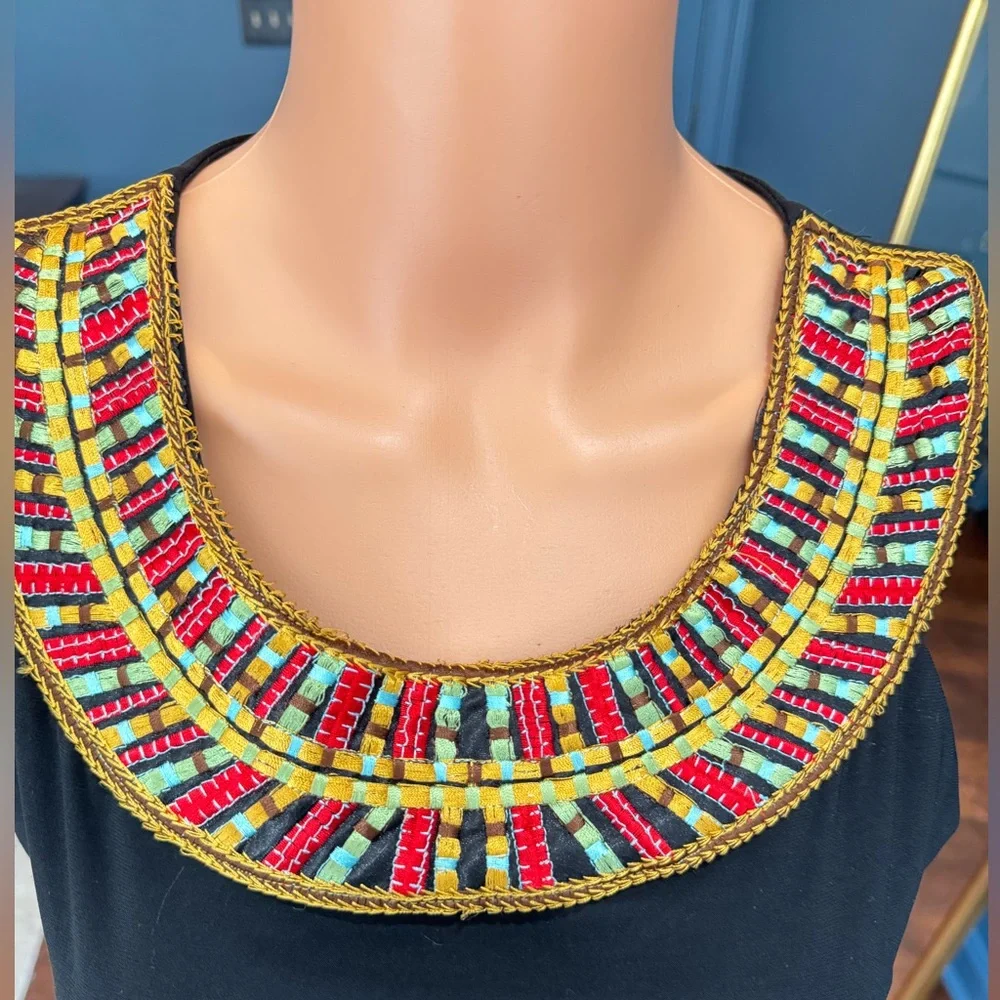 Boho Beaded Neck Dress Mustard Black Colorblock Sleeveless Size 10 - Picture 3 of 7